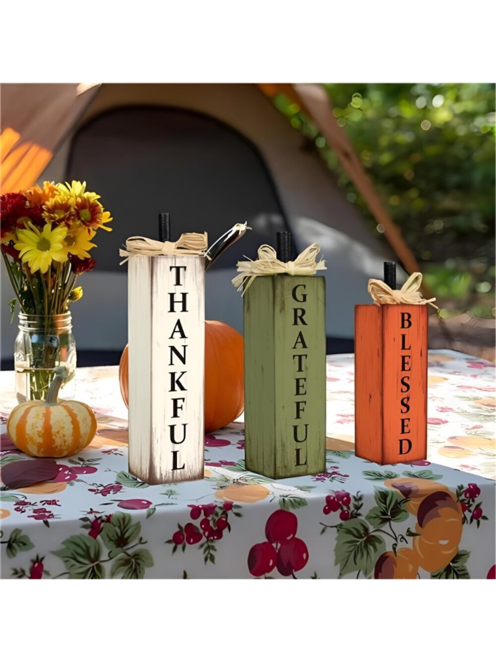 Thankful Blessed Grateful Tabletop Signs Thanksgiving Wooden Block Signs - Picture 6 of 8